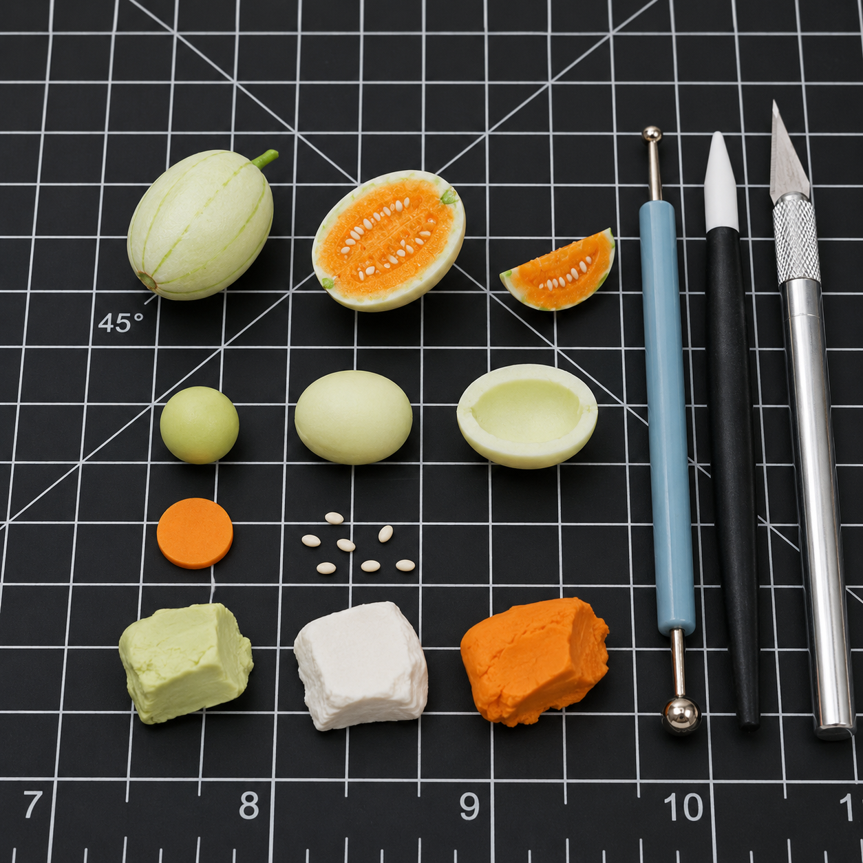 6Pcs Miniature Melon Set – Hand-Sculpted 1:6 Scale Cantaloupe, Whole, Halved and Wedged with Cross-Section Seeds, Realistic Tiny Orange-Flesh Fruit for Blythe & Barbie Dioramas, Resin Jewelry & Polymer Clay Food