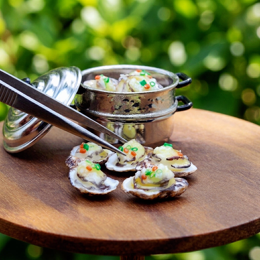 Miniature Grilled Oysters - Hand-Sculpted 1:6 Scale Garlic Oysters on the Half Shell with Scallion & Chili, Realistic Seafood Dollhouse Food for Blythe & Barbie Kitchen Dioramas, Resin Jewelry & Polymer Clay Food