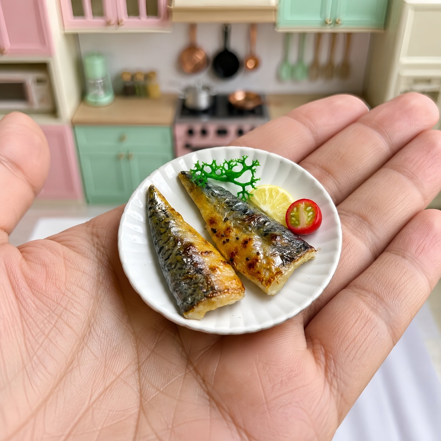 Miniature Grilled Mackerel - Hand-Sculpted 1:6 Scale Japanese Saba Shioyaki with Lemon, Cherry Tomato & Garnish on Plate, Realistic Tiny Fish Food for Blythe & Barbie Dioramas, Polymer Clay Food