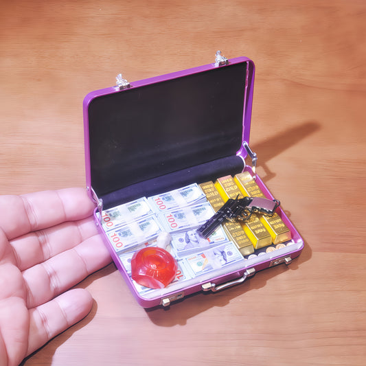 1:6 Scale Miniature Pink Briefcase Set - Includes Mini GoldenBars, Mini XO, Vintage Coins, Mini Dollar Bills and Mini Revolver  - Unique Adult Novelty Toys, Creative Gift and Dollhouse Accessories