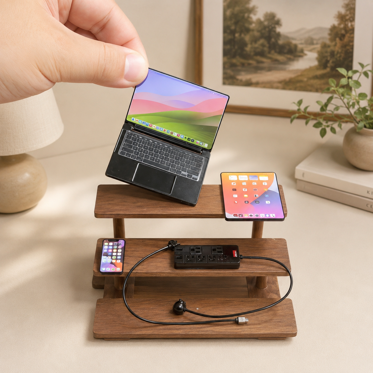 1:6 Scale Miniature Modern Tech Set - Dollhouse Laptop, Tablet, Smartphone & Power Strip - Realistic Office Accessories (Black Edition)