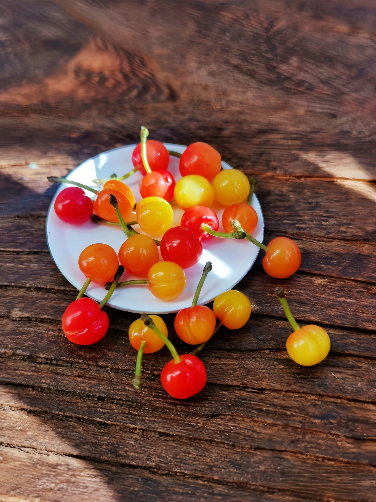 13Pcs Miniature Rainier Cherries – Hand-Sculpted 1:12 Scale Dollhouse Cherries with Yellow-to-Red Gradient and Real Green Stems, Realistic Tiny Fruit for Dioramas, Resin Jewelry & Polymer Clay Food Miniatures
