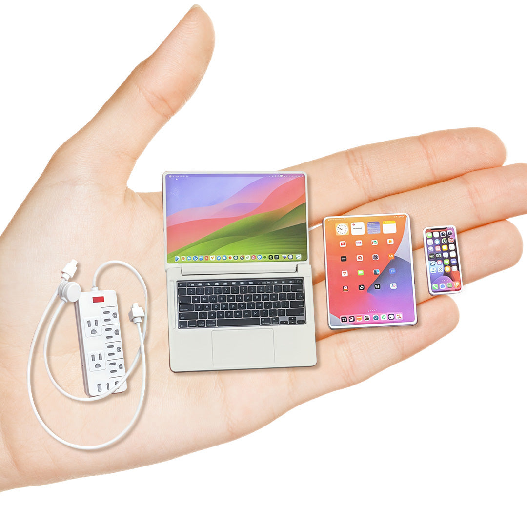 1:6 Scale Miniature Modern Tech Set - Dollhouse Laptop, Tablet, Smartphone & Power Strip - Realistic Office Accessories (Titanium  Edition)