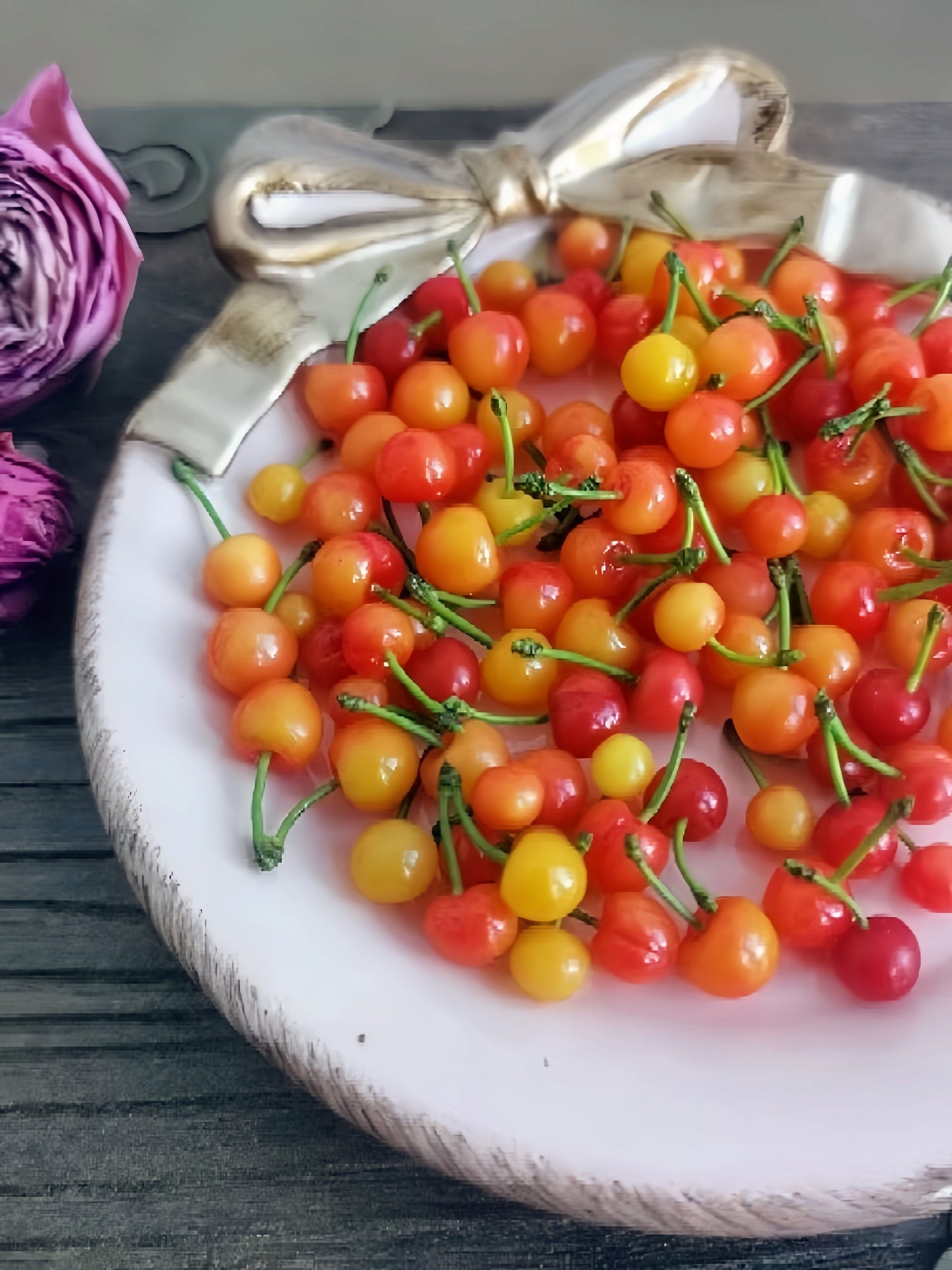 13Pcs Miniature Rainier Cherries – Hand-Sculpted 1:12 Scale Dollhouse Cherries with Yellow-to-Red Gradient and Real Green Stems, Realistic Tiny Fruit for Dioramas, Resin Jewelry & Polymer Clay Food Miniatures
