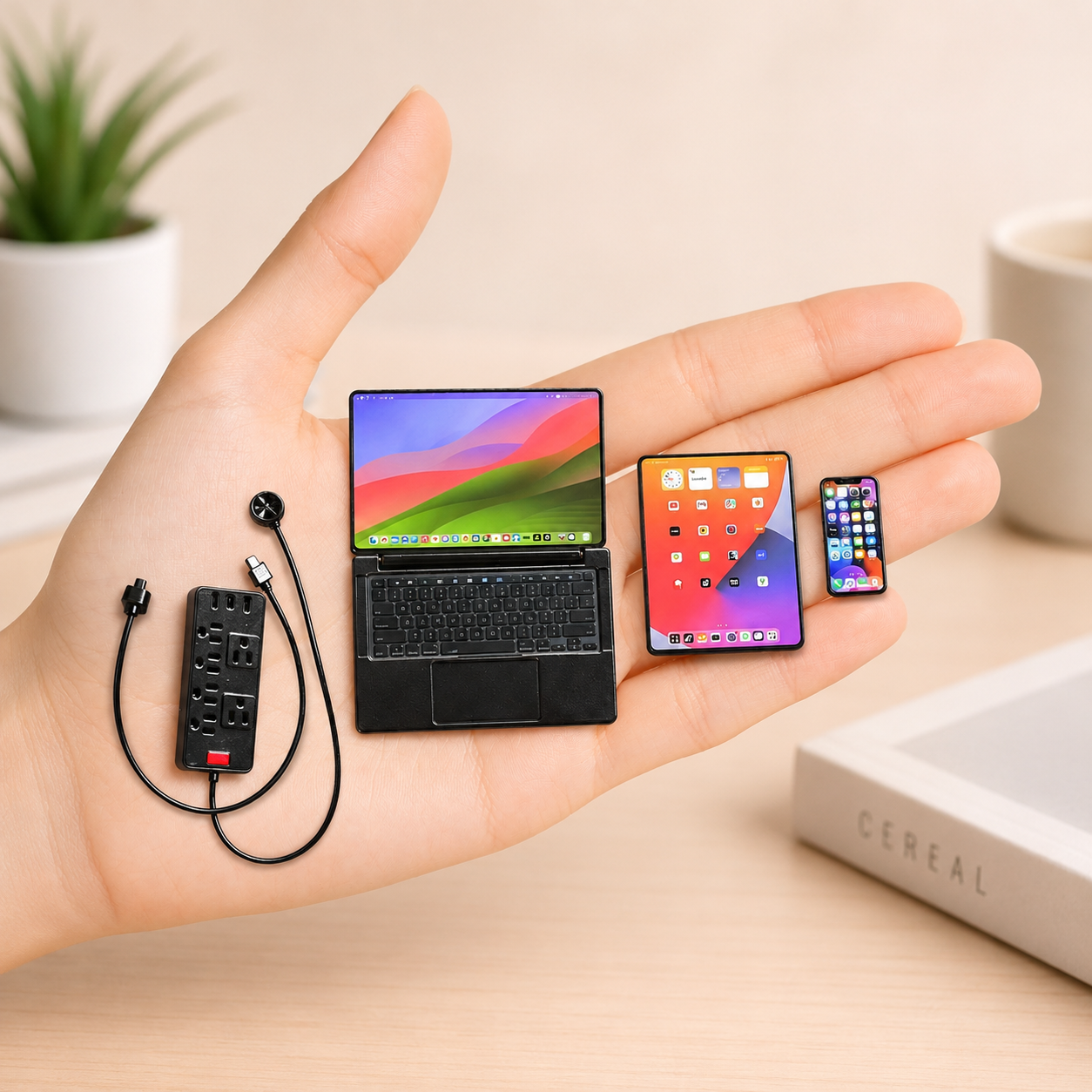 1:6 Scale Miniature Modern Tech Set - Dollhouse Laptop, Tablet, Smartphone & Power Strip - Realistic Office Accessories (Black Edition)