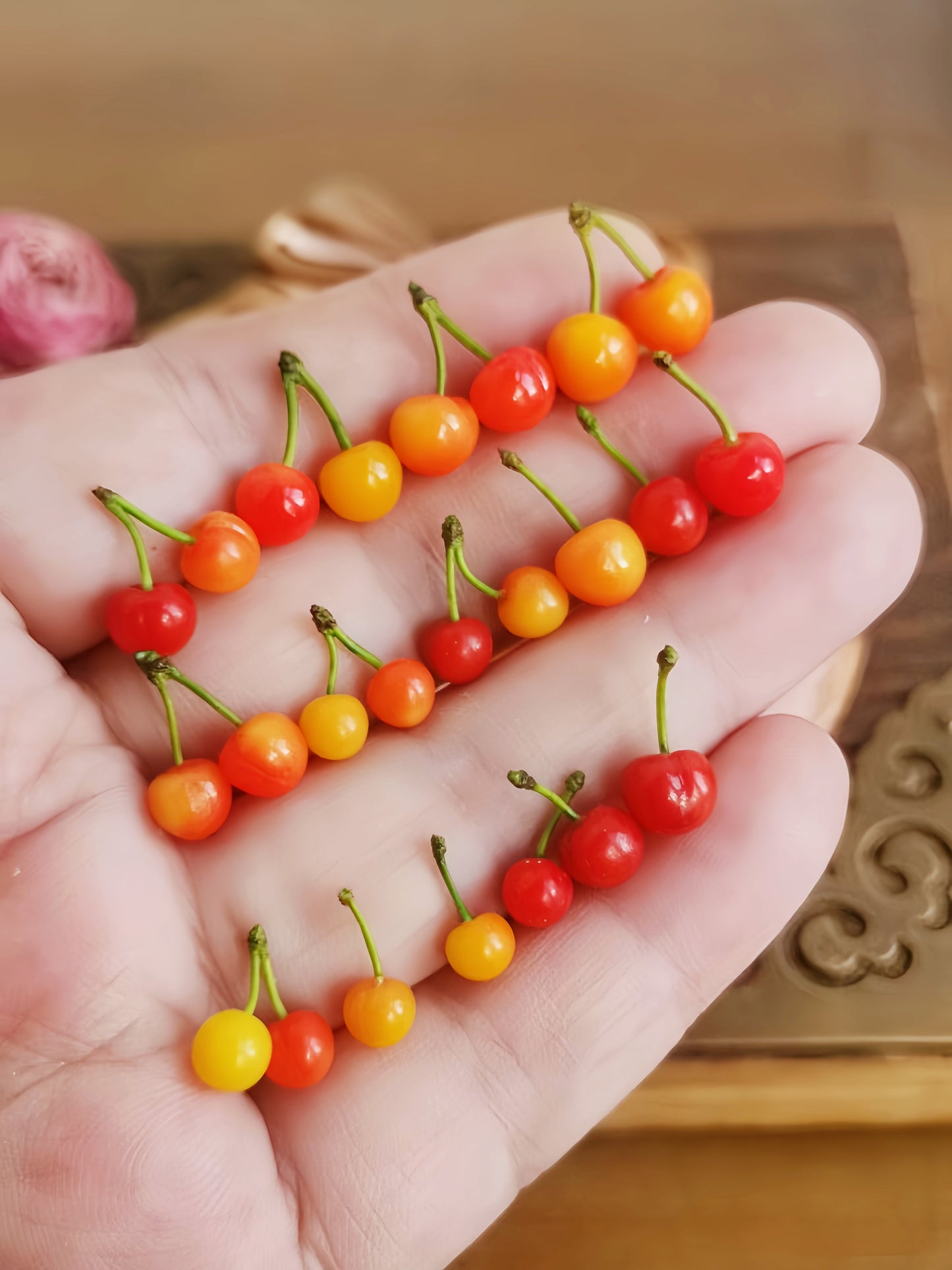 13Pcs Miniature Rainier Cherries – Hand-Sculpted 1:12 Scale Dollhouse Cherries with Yellow-to-Red Gradient and Real Green Stems, Realistic Tiny Fruit for Dioramas, Resin Jewelry & Polymer Clay Food Miniatures