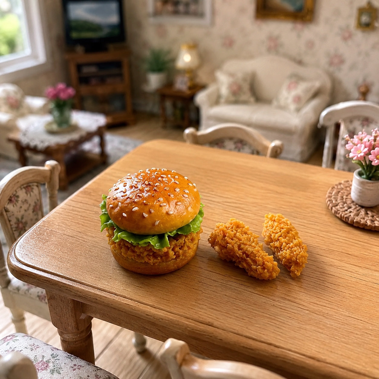 Miniature Burger Collection - Hand-Sculpted 1:6 Scale Dollhouse Burgers, 4 Styles: Classic Cheeseburger, Sesame Beef Burger, Fried Chicken Burger & Breakfast Muffin Sandwich, Realistic Tiny Fast Food for Blythe & Barbie Dioramas, Polymer Clay Food