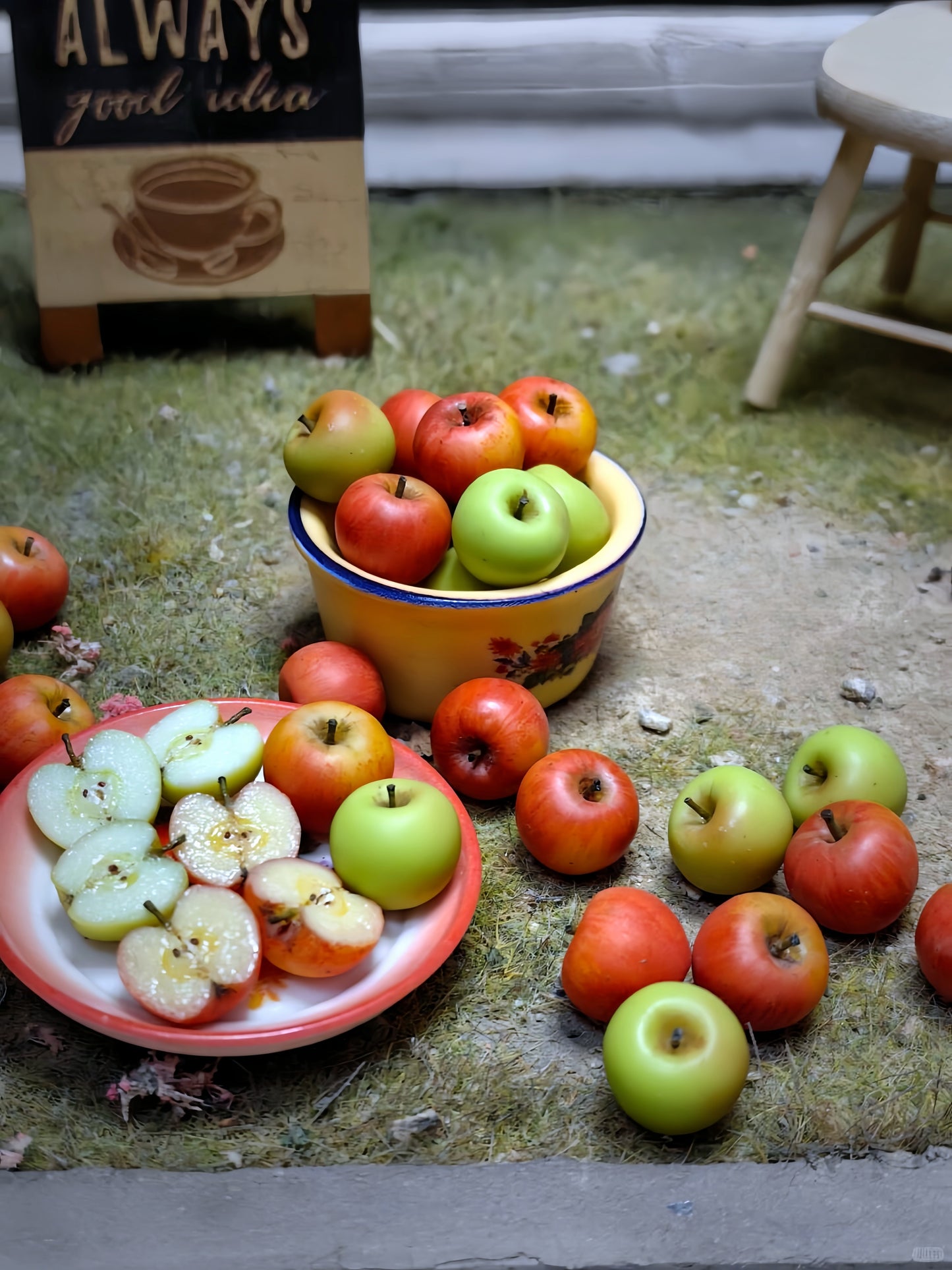 8Pcs Miniature Apple Set – Hand-Sculpted 1:6 Scale Dollhouse Red and Green Apples, Whole and Halved with Seeds, Realistic Tiny Fruit for Blythe & Barbie Dioramas, Resin Jewelry & Polymer Clay Food Miniatures