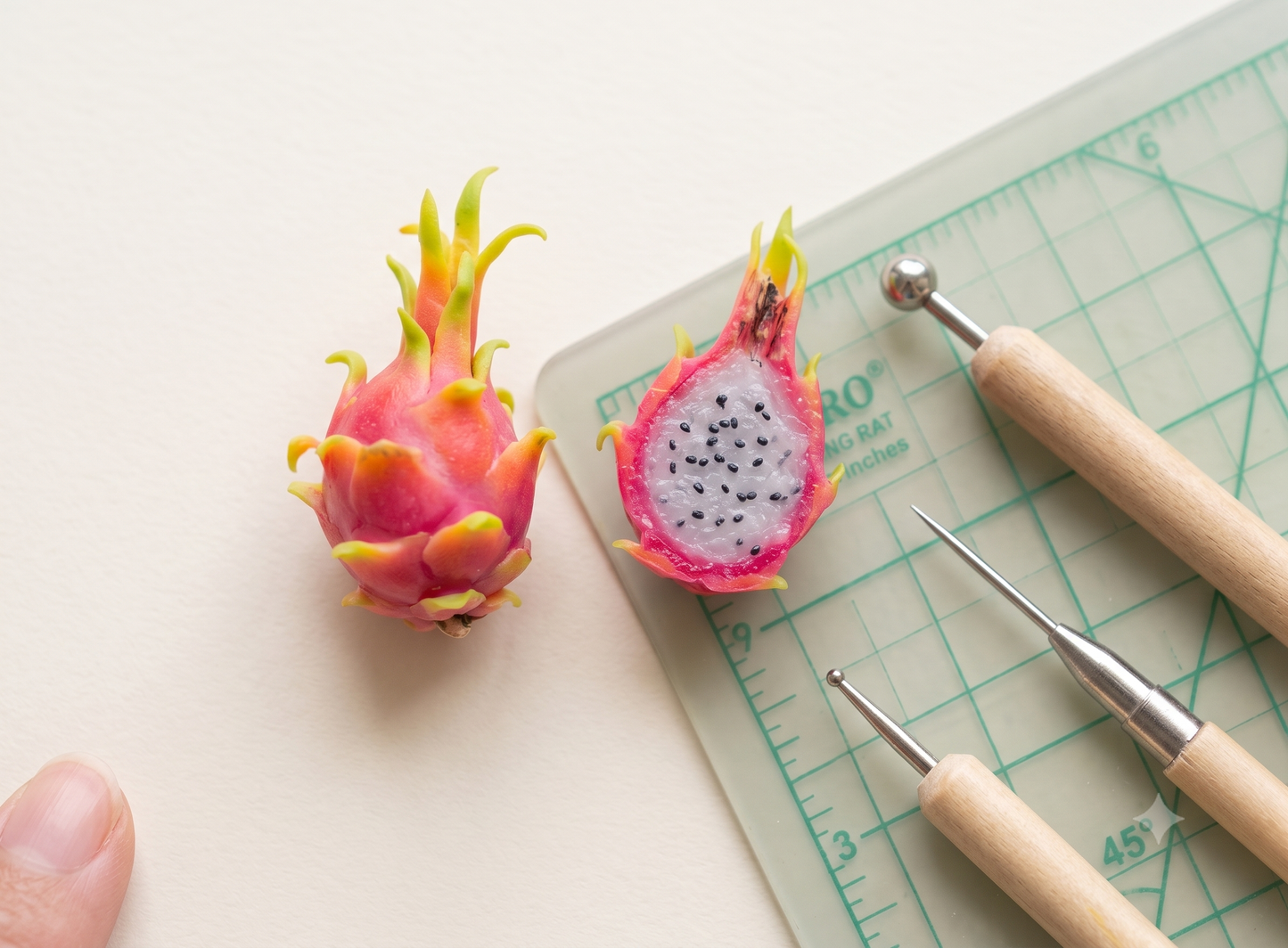 3PCS Miniature Dragon Fruit – Hand-Sculpted 1:12 Scale Dollhouse Pitaya with Realistic Pink Skin and Black Seeds, Tiny Tropical Fruit for Dioramas & Polymer Clay Food Miniatures (Whole / Halved)
