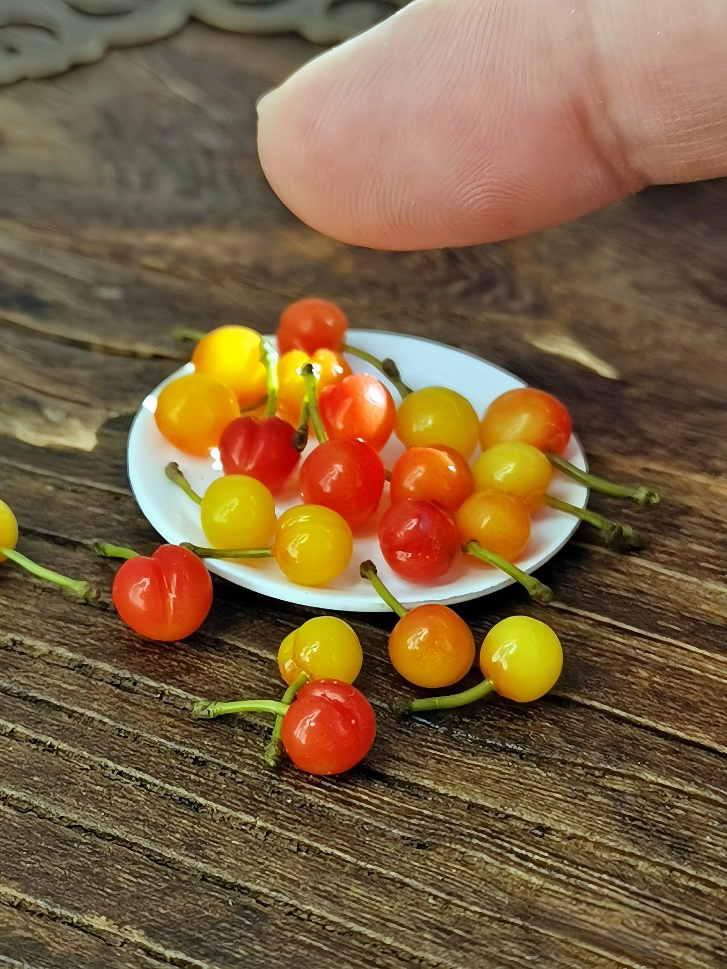 13Pcs Miniature Rainier Cherries – Hand-Sculpted 1:12 Scale Dollhouse Cherries with Yellow-to-Red Gradient and Real Green Stems, Realistic Tiny Fruit for Dioramas, Resin Jewelry & Polymer Clay Food Miniatures
