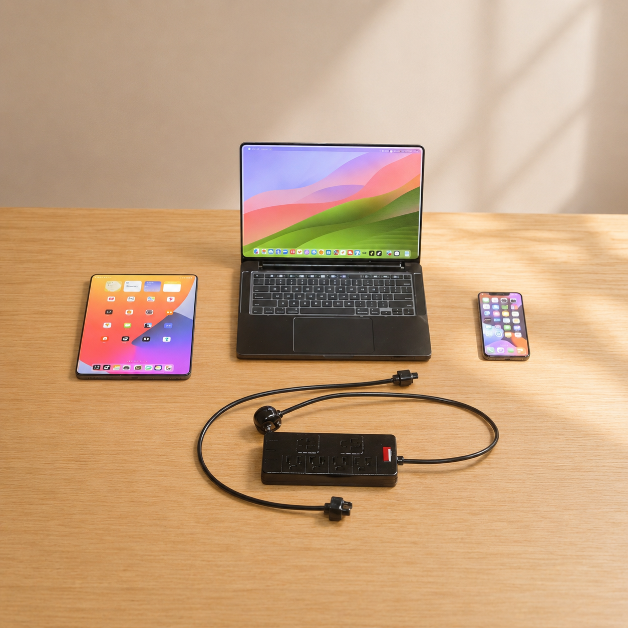 1:6 Scale Miniature Modern Tech Set - Dollhouse Laptop, Tablet, Smartphone & Power Strip - Realistic Office Accessories (Black Edition)