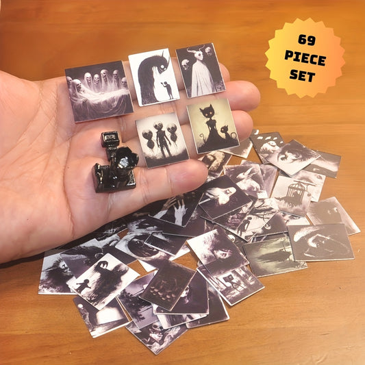 69Pcs Miniature Darkened Horror Poster & Black DSLR Camera Prop Kit for Gothic Diorama Displays – Creepy Charcoal Art Set, Abstract Designs, Fantasy Creatures – Model House Accessories for 14+ Adults, Home Decor, Architectural Displays (Not a Toy)
