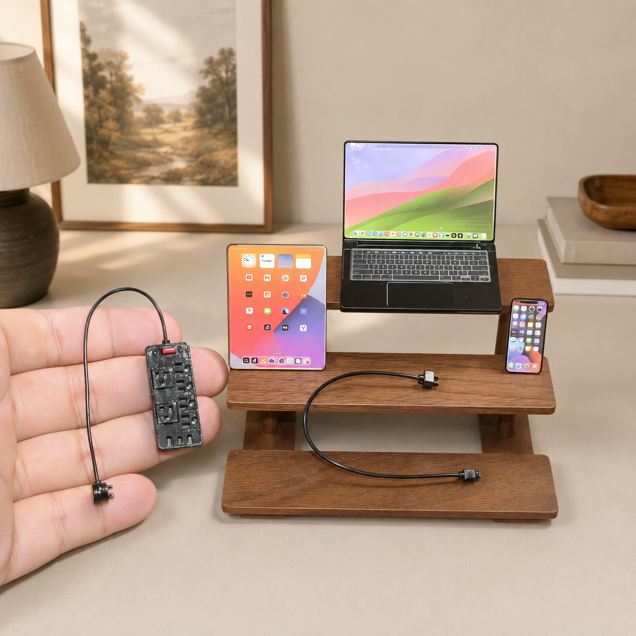 1:6 Scale Miniature Modern Tech Set - Dollhouse Laptop, Tablet, Smartphone & Power Strip - Realistic Office Accessories (Black Edition)