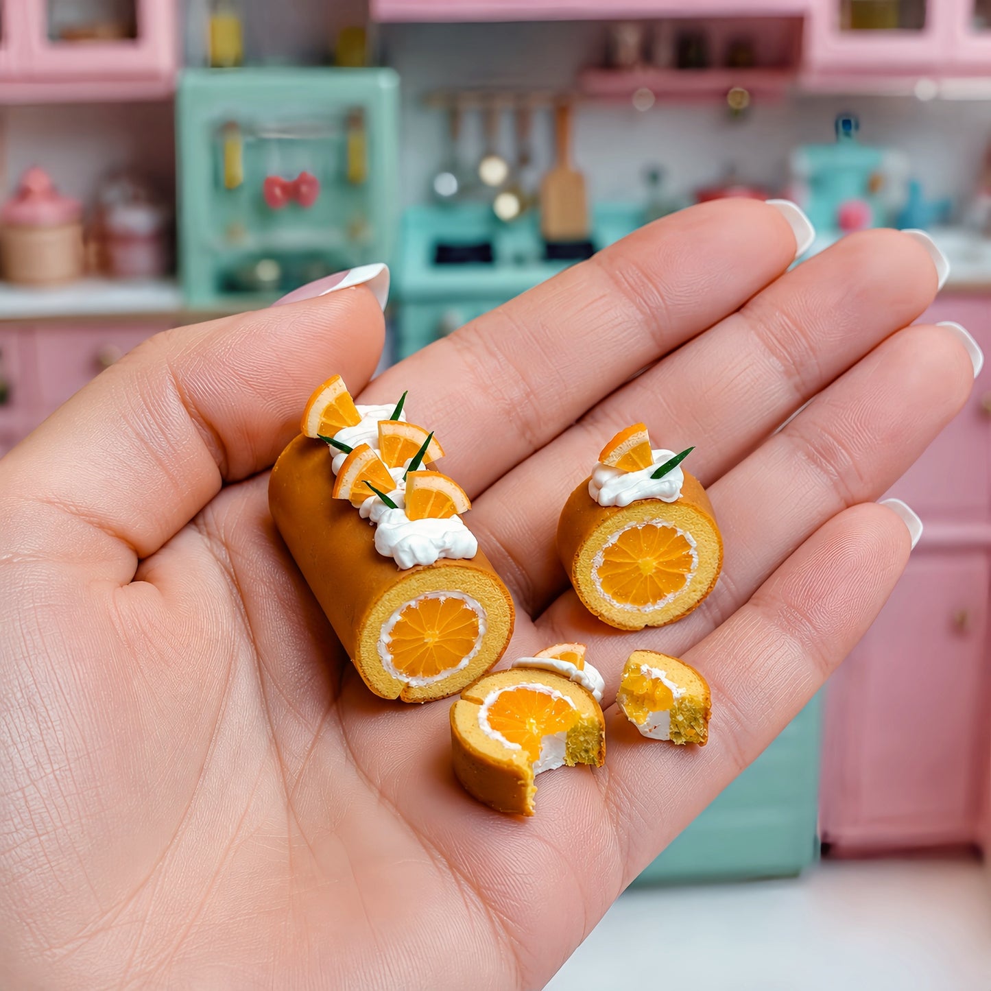 Miniature Orange Swiss Roll Cake - Hand-Sculpted 1:6 Scale Dollhouse Cake Roll with Whole Orange Slice Center, Whipped Cream & Citrus Garnish, Realistic Tiny Dessert for Blythe & Barbie Dioramas, Polymer Clay Food