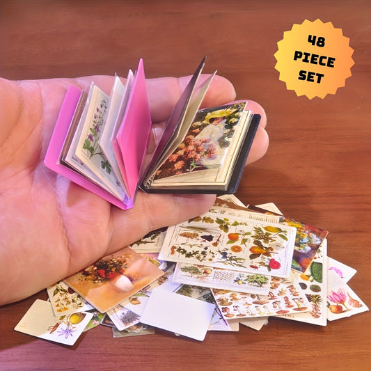 48-Piece Miniature Dollhouse Plant Posters & Flower Art Postcards with 2 Sets of A4 Office File Folder Miniature Scenes - Ideal for Creative Gifts and Unique Novelty Collectibles for Ages 14+