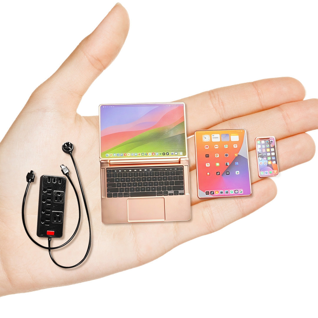 1:6 Scale Miniature Modern Tech Set - Dollhouse Laptop, Tablet, Smartphone & Power Strip - Realistic Office Accessories (RoseGolden Edition)