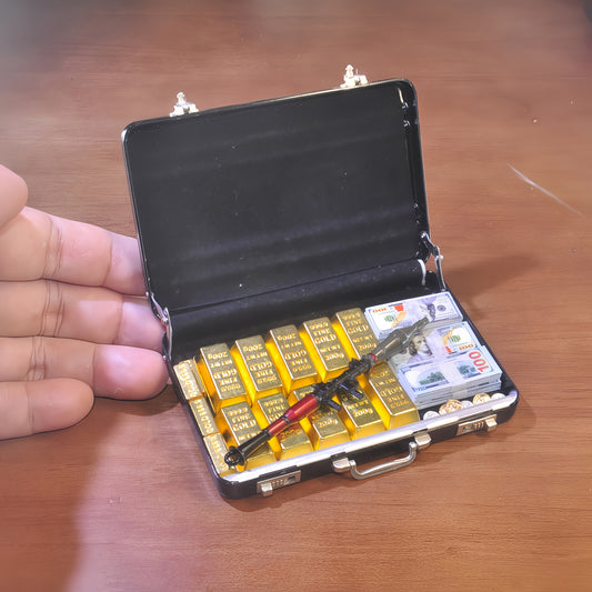 1:6 Scale Miniature Red Briefcase Set -Comes with 1 Heavy Weapon，Mini GoldenBars,  Miniature Bills and Antique Coins - Unique Adult Novelty Toys，Creative Gift and Dollhouse Accessories