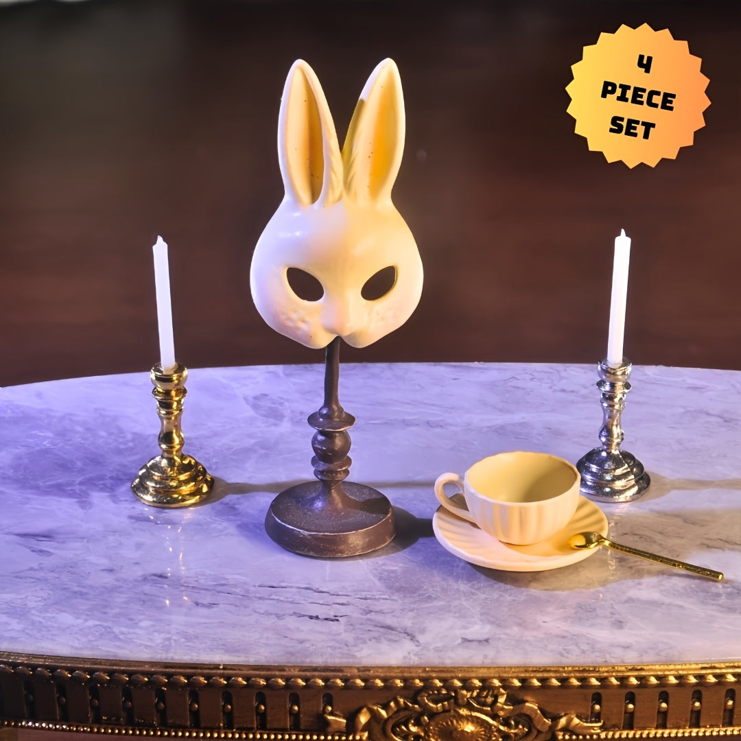 1:6 Scale Miniature Rabbit Mask, Gold & Silver Candle Holders, and Coffee Cup Set - Ideal for Creative Gifts, Dollhouse Accessories, and Unique Novelty Collectibles for Ages 14+