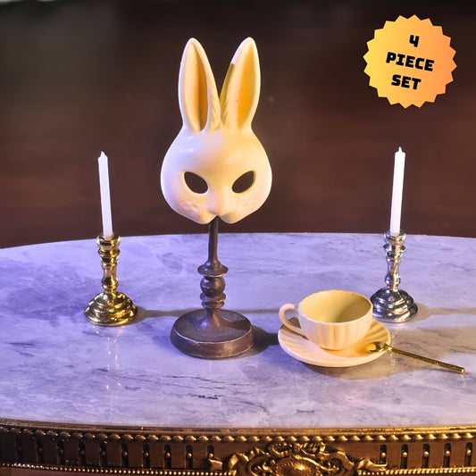 1:6 Scale Miniature Rabbit Mask, Gold & Silver Candle Holders, and Coffee Cup Set - Ideal for Creative Gifts, Dollhouse Accessories, and Unique Novelty Collectibles for Ages 14+