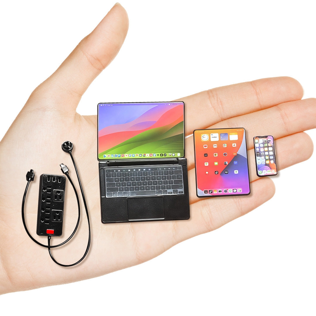 1:6 Scale Miniature Modern Tech Set - Dollhouse Laptop, Tablet, Smartphone & Power Strip - Realistic Office Accessories (Black Edition)