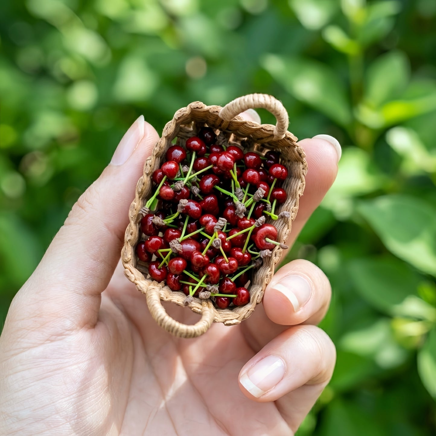 6Pcs Miniature Cherries(A set of two) - Hand-Sculpted 1:6 Scale Red Cherry Pairs on Stems, Glossy Dark-Red Fruit, Realistic Dollhouse Fruit for Blythe & Barbie Dioramas, Resin Jewelry & Polymer Clay Food