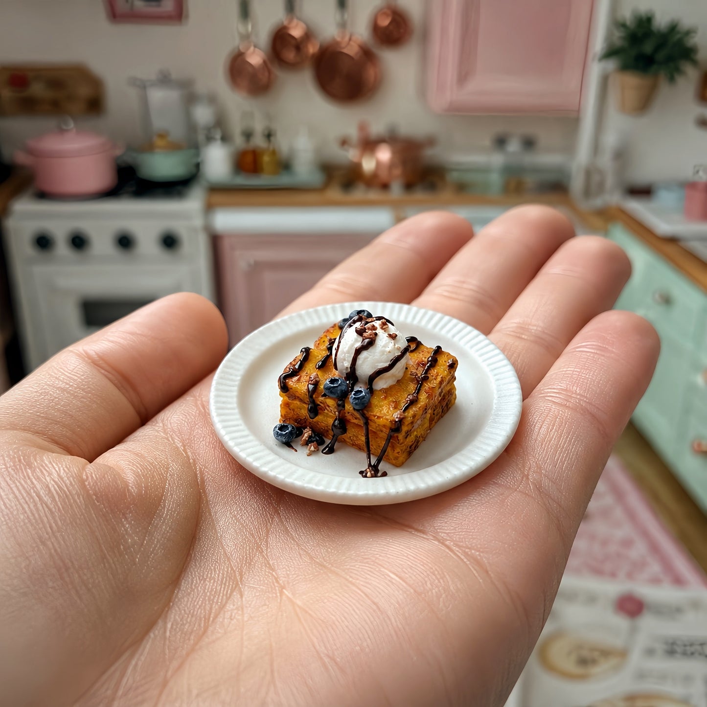 Miniature Honey Toast - Hand-Sculpted 1:6 Scale Shibuya Toast Dessert with Ice Cream Scoop, Chocolate Drizzle & Blueberries, Realistic Tiny Café Food for Blythe & Barbie Dioramas, Polymer Clay Food