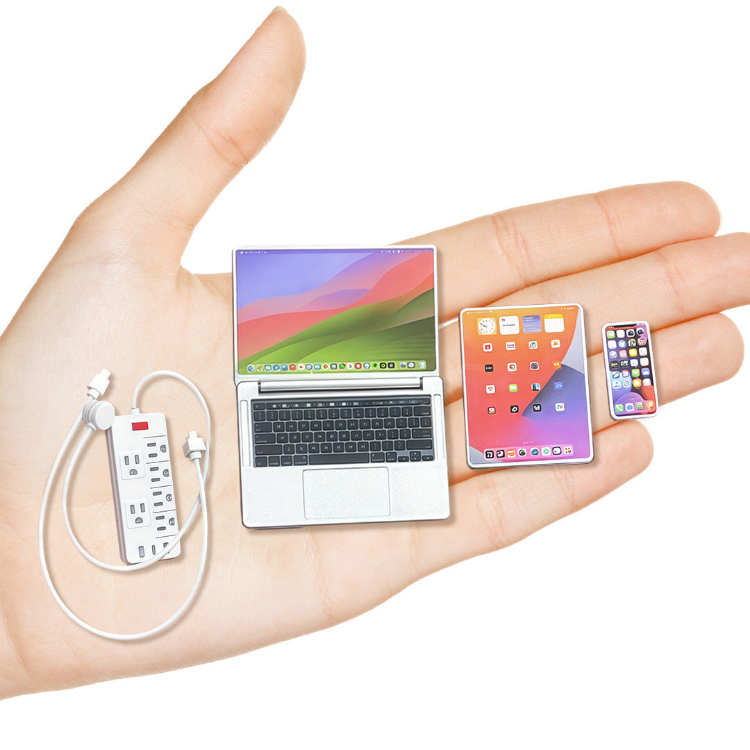 1:6 Scale Miniature Modern Tech Set - Dollhouse Laptop, Tablet, Smartphone & Power Strip - Realistic Office Accessories (Silvery Edition)