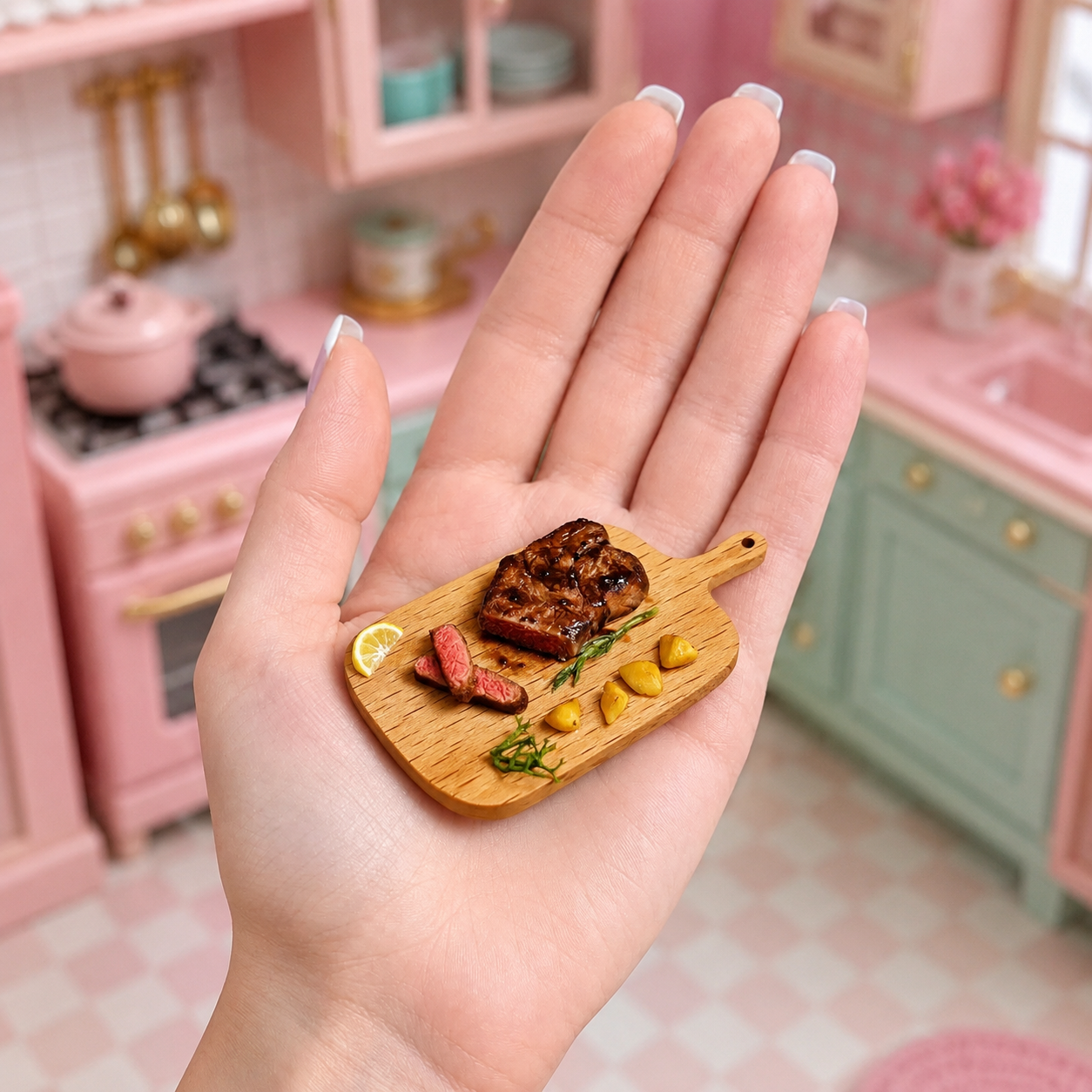 Miniature Steak Board – Hand-Sculpted 1:6 Scale Dollhouse Grilled Beef Steak Sliced Medium-Rare on a Wooden Paddle with Roasted Potatoes, Asparagus & Lemon, Realistic Plated Meat Dish for Blythe & Barbie Dioramas, Polymer Clay Food