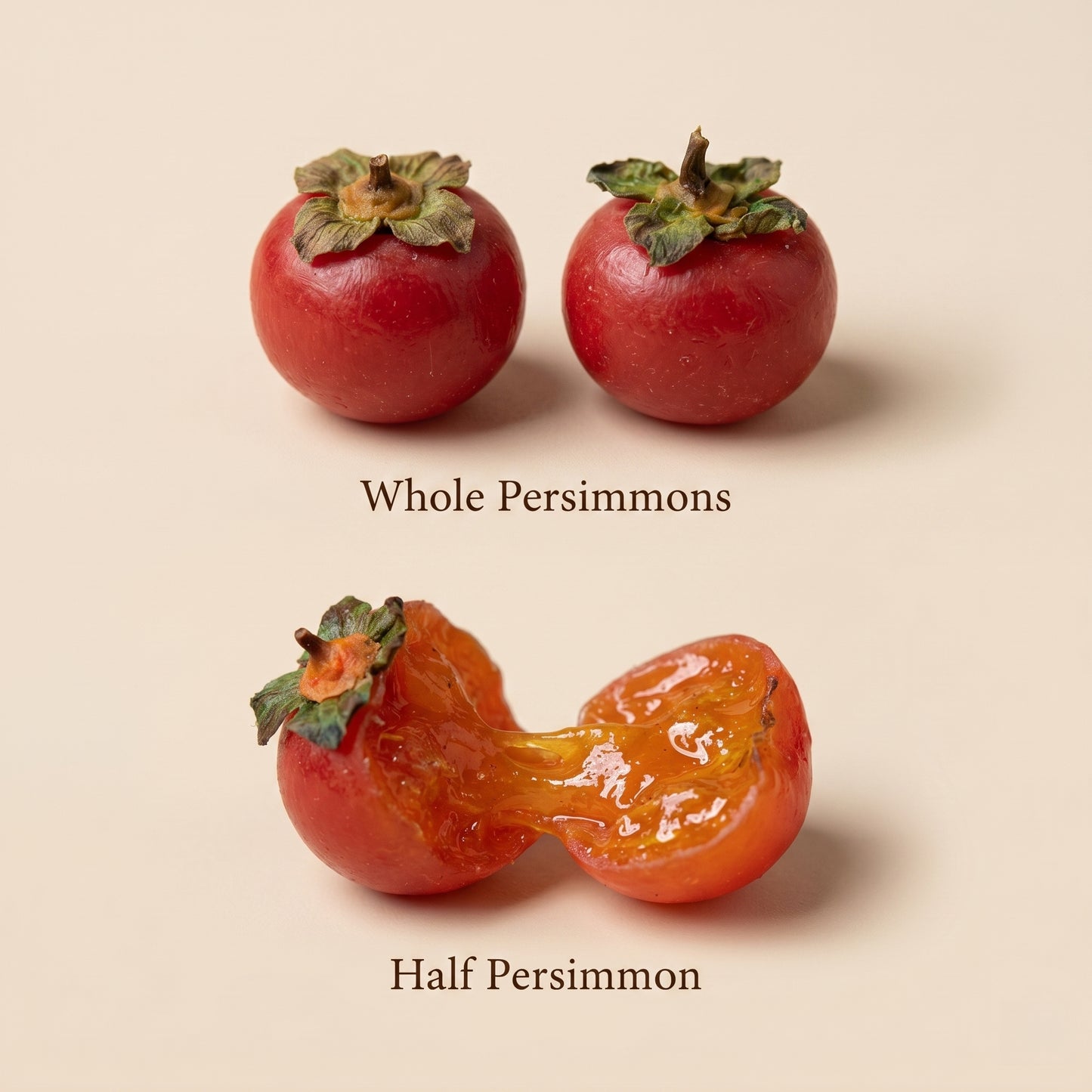 3PCS Miniature Persimmon Set – Hand-Sculpted 1:12 Scale Dollhouse Persimmons with Dried Calyx and Translucent Amber Flesh, Realistic Tiny Asian Fruit for Dioramas, Resin Jewelry & Polymer Clay Food Miniatures