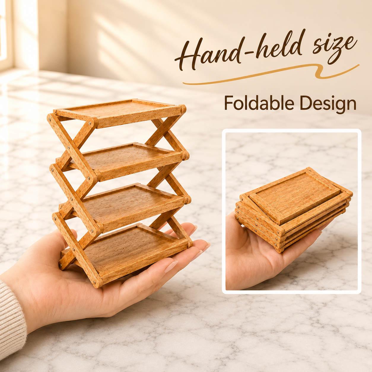 FDMINI Mini Foldable 4-Tier Shelf – Miniature Cherry Wood Folding Rack for 1:6 & 1:12 Dollhouse, Diorama & Room Scenes