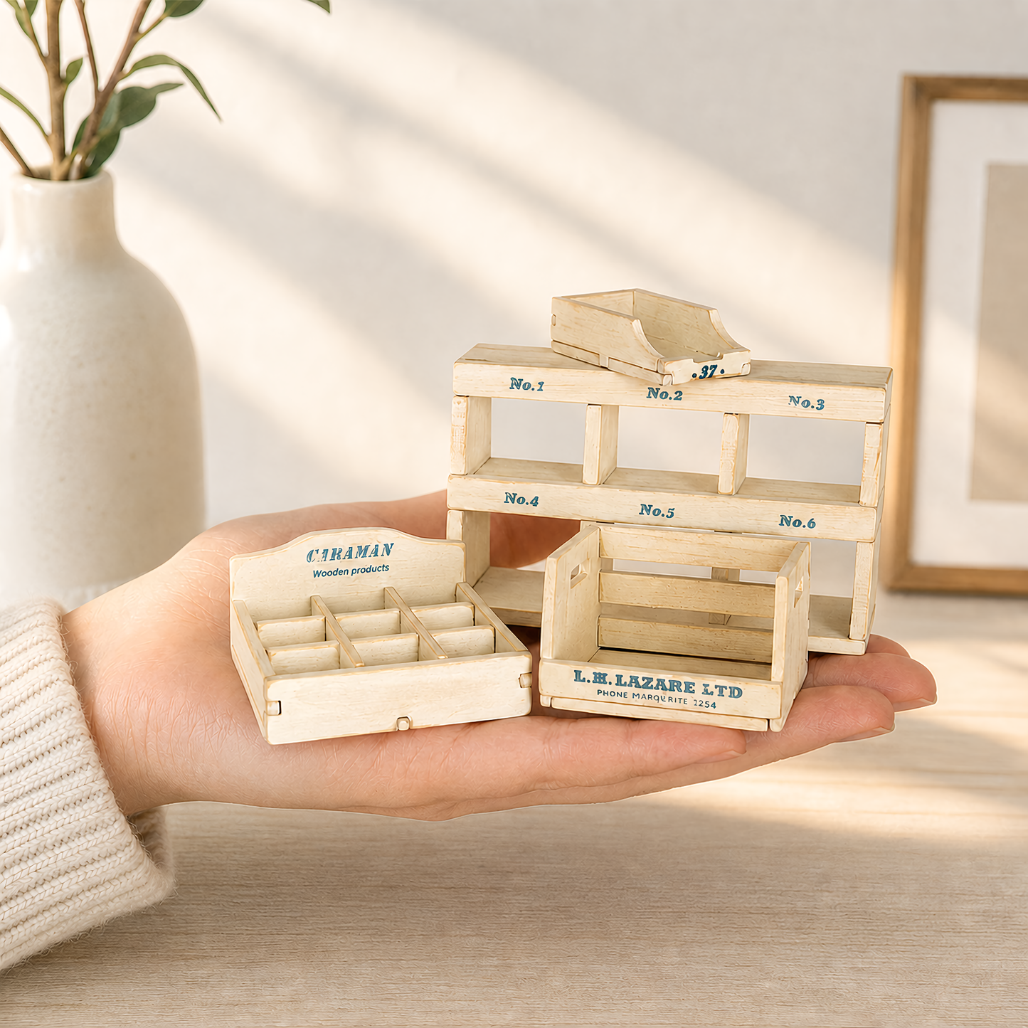 FDMINI Mini Vintage Wooden Storage Set – 4-Piece Handmade Miniature Shelf, Crate & Divided Box in Antique White for 1:6 1:8 Scale Dollhouse, BJD & Blythe