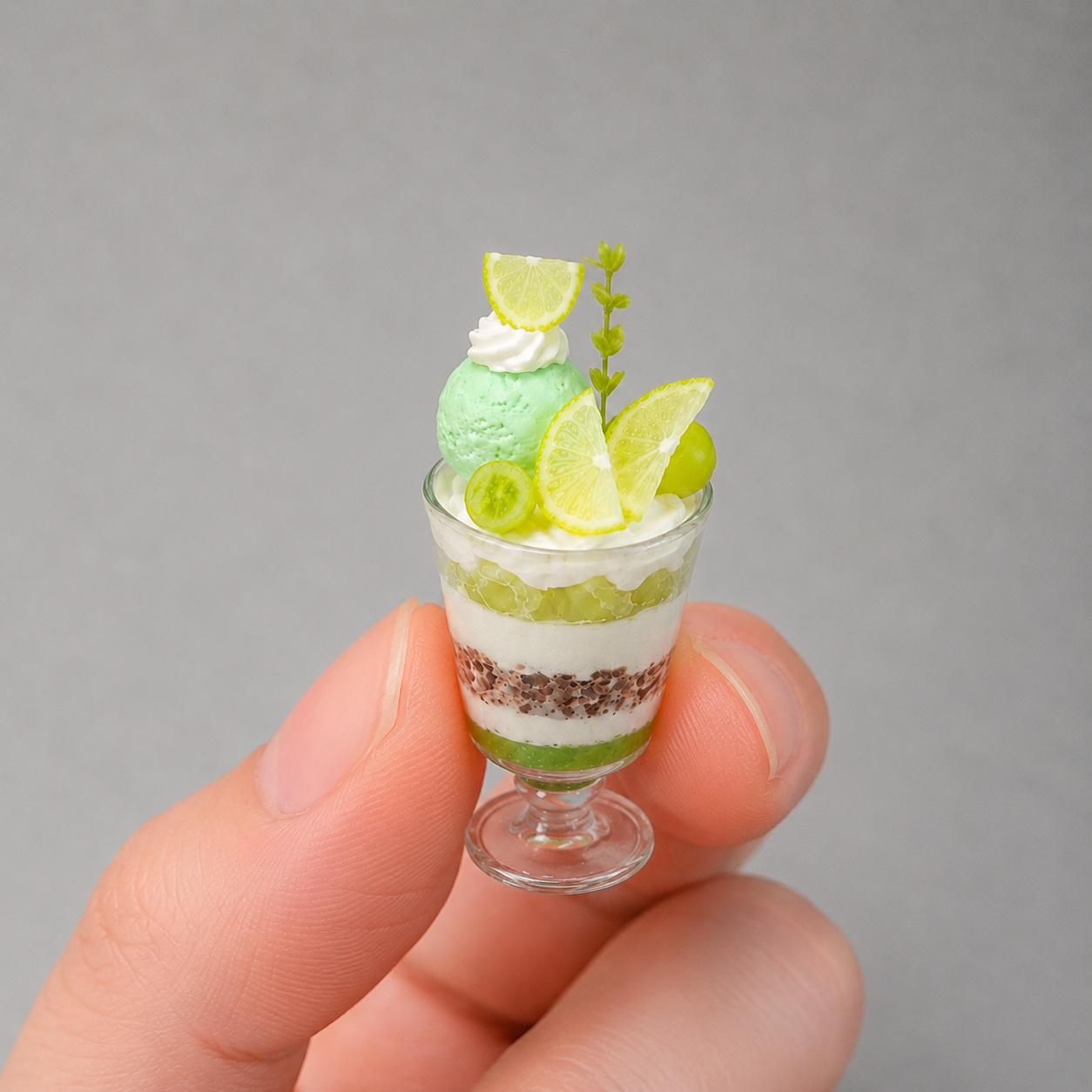 1:6 Scale Miniature Green Grape & Fig Dessert Set – Dollhouse Fruit Tart, Matcha Parfait, Fig Plate & Cream Puff Éclair, Handmade Polymer Clay Café Food for Blythe BJD Diorama