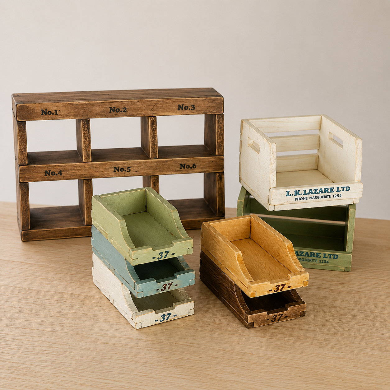 FDMINI Mini Vintage Wooden Storage Set – 4-Piece Handmade Miniature Shelf, Crate & Divided Box in Antique White for 1:6 1:8 Scale Dollhouse, BJD & Blythe
