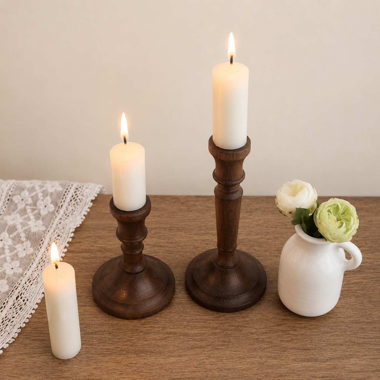 FDMINI Mini Walnut Candlestick Holder Set – 2 Wooden Candle Holders + 3 Real Candles for 1/6 1/8 1/12 Scale Dollhouse, BJD & Blythe Doll Scenes