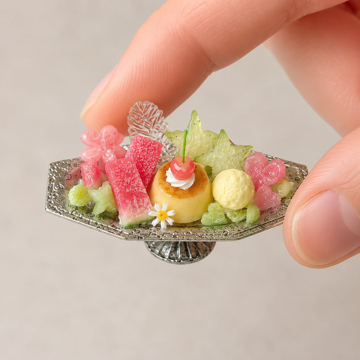 1:6 Scale Miniature Watermelon & Mango Summer Café Collection – 7 Styles Dollhouse Tropical Parfait, Fruit Jelly Platter & Watermelon Cake, Handmade Polymer Clay Kawaii Food for Blythe BJD Diorama