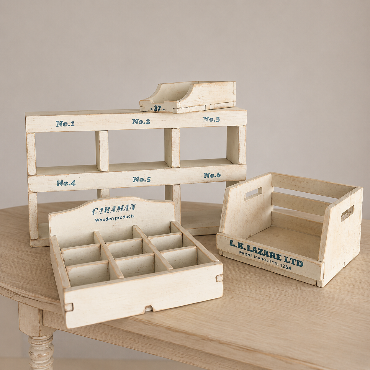 FDMINI Mini Vintage Wooden Storage Set – 4-Piece Handmade Miniature Shelf, Crate & Divided Box in Antique White for 1:6 1:8 Scale Dollhouse, BJD & Blythe