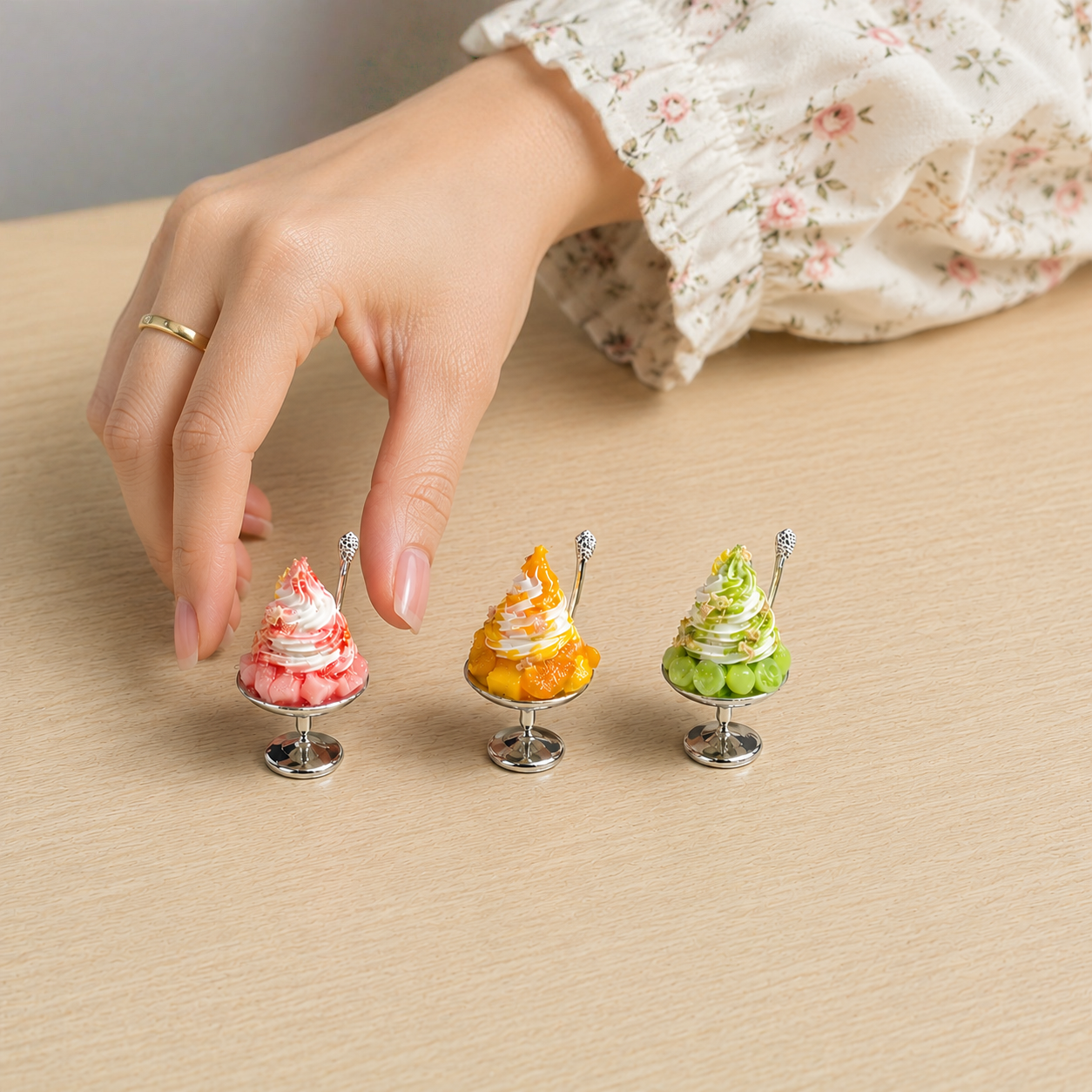 1:6 Scale Miniature Bingsu Shaved Ice Cup Collection – 3 Styles Dollhouse Strawberry, Mango & Muscat Korean Dessert, Handmade Polymer Clay Café Food for Blythe BJD Diorama