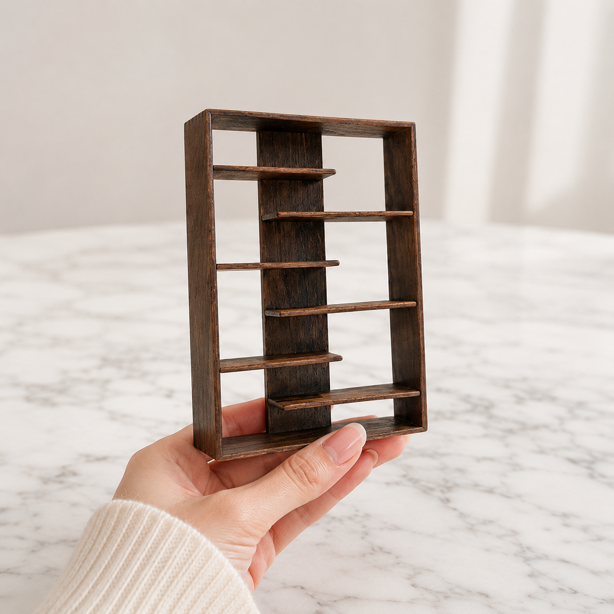 FDMINI Mini Wooden Bookshelf – 2 Wood Finishes Miniature Display Shelf & Shelving Unit for 1:12 Scale Dollhouse, Roombox & DIY Scenes