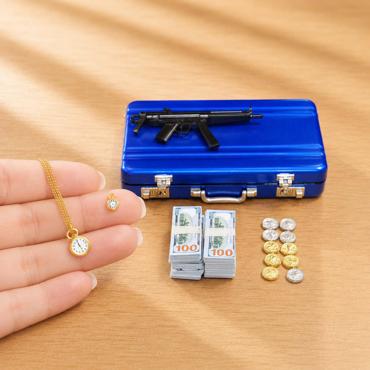 1:6 Scale Miniature Secret Agent Briefcase Set - Blue Tactical Suitcase with Weapons & Cash