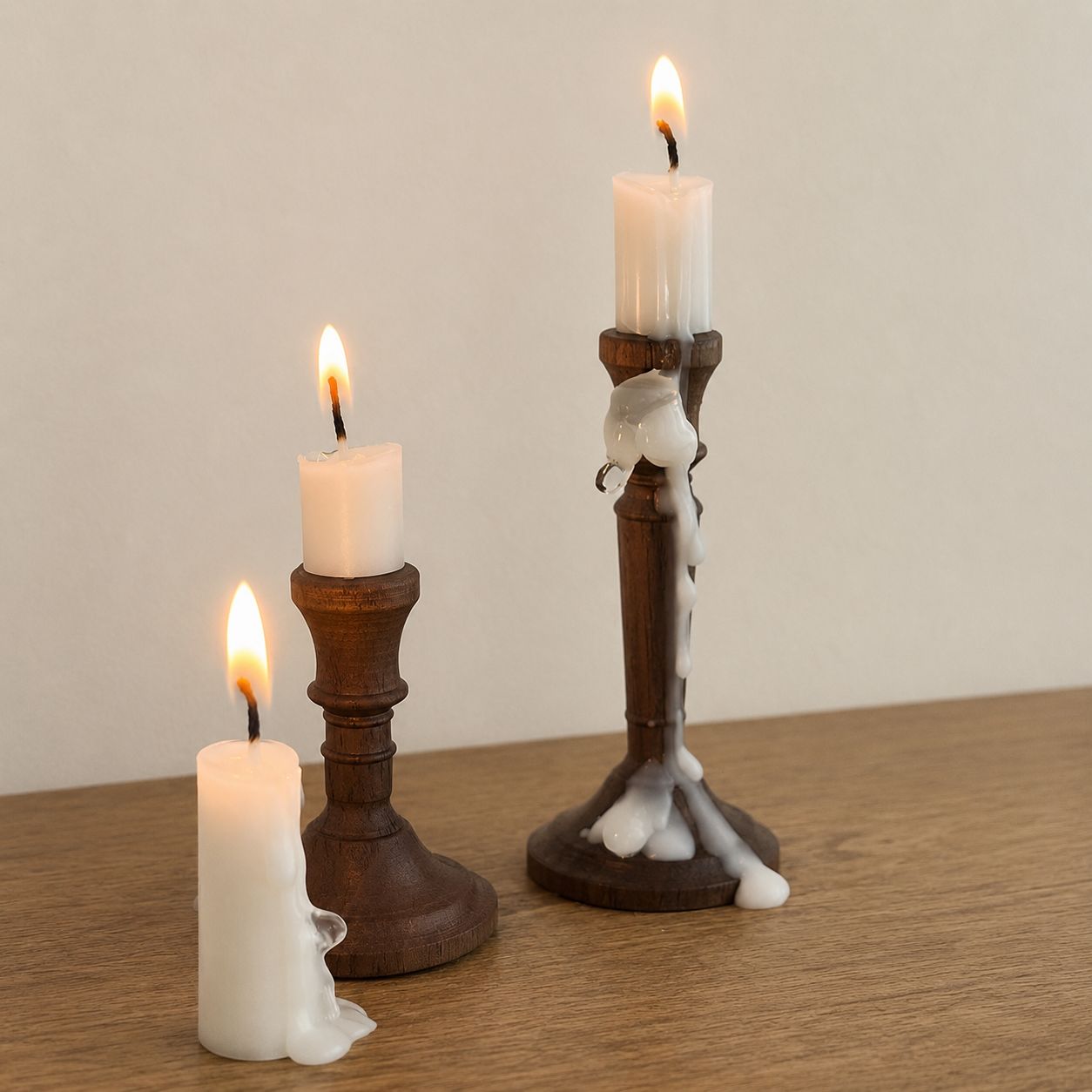 FDMINI Mini Walnut Candlestick Holder Set – 2 Wooden Candle Holders + 3 Real Candles for 1/6 1/8 1/12 Scale Dollhouse, BJD & Blythe Doll Scenes