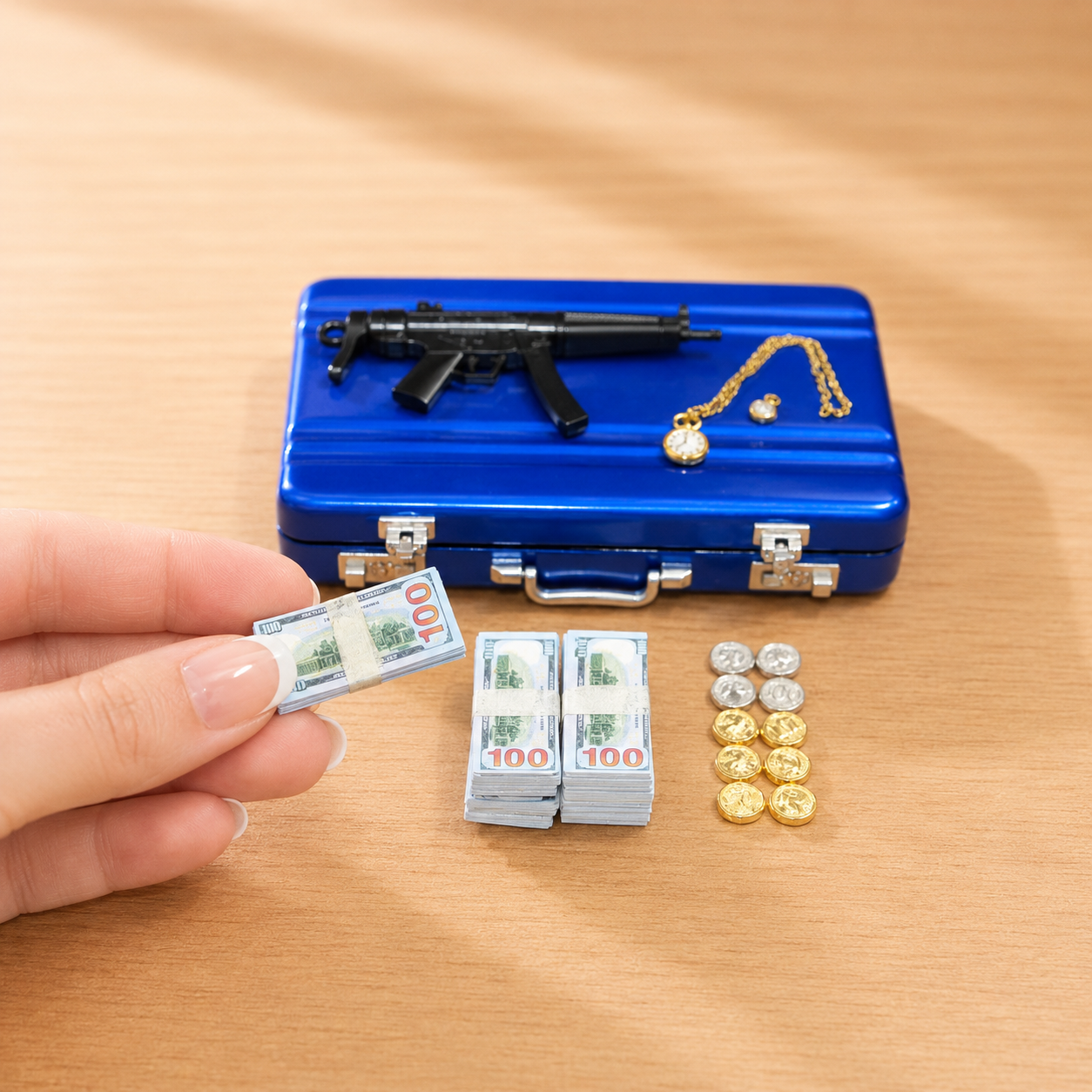 1:6 Scale Miniature Secret Agent Briefcase Set - Blue Tactical Suitcase with Weapons & Cash