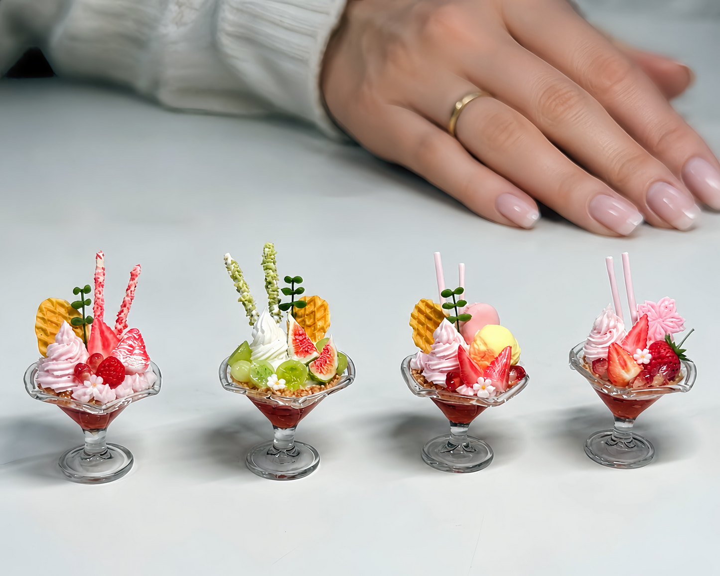 1:6 Scale Miniature Sundae Cup Collection – 4 Styles Dollhouse Ice Cream Parfait with Strawberry, Fig & Sakura, Handmade Polymer Clay Café Food for Blythe BJD Diorama