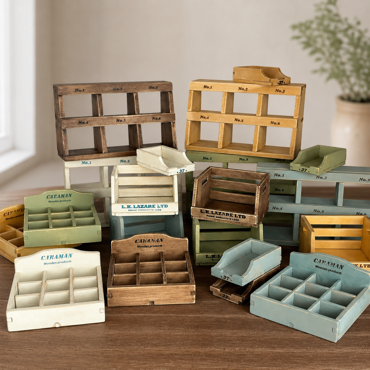 FDMINI Mini Vintage Wooden Storage Set – 4-Piece Handmade Miniature Shelf, Crate & Divided Box in Antique White for 1:6 1:8 Scale Dollhouse, BJD & Blythe