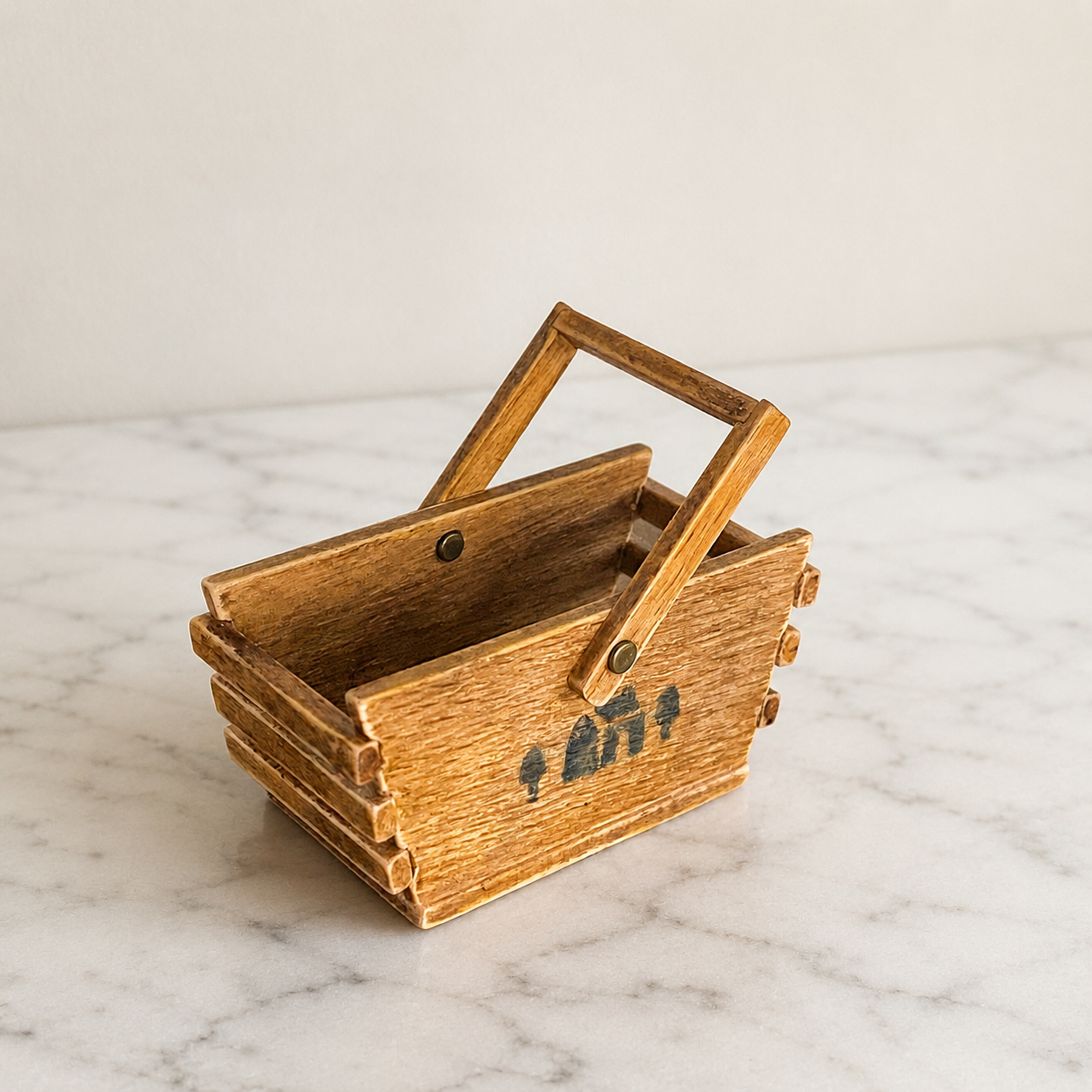 FDMINI Mini Wooden Basket – Vintage Rustic Handled Storage Basket for 1/6 Scale Dollhouse, BJD & Blythe Doll Scenes