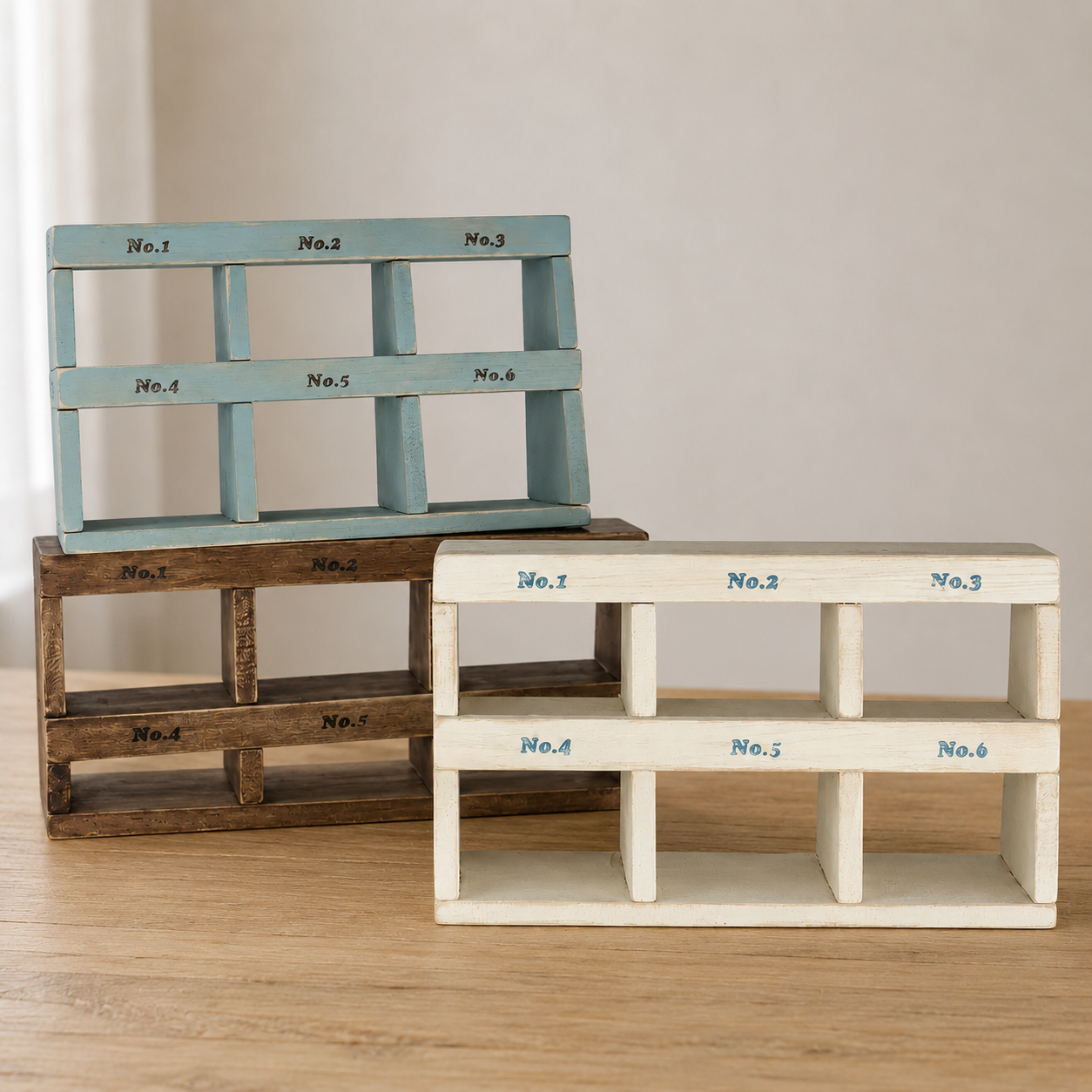 FDMINI Mini Vintage Wooden Storage Set – 4-Piece Handmade Miniature Shelf, Crate & Divided Box in Antique White for 1:6 1:8 Scale Dollhouse, BJD & Blythe