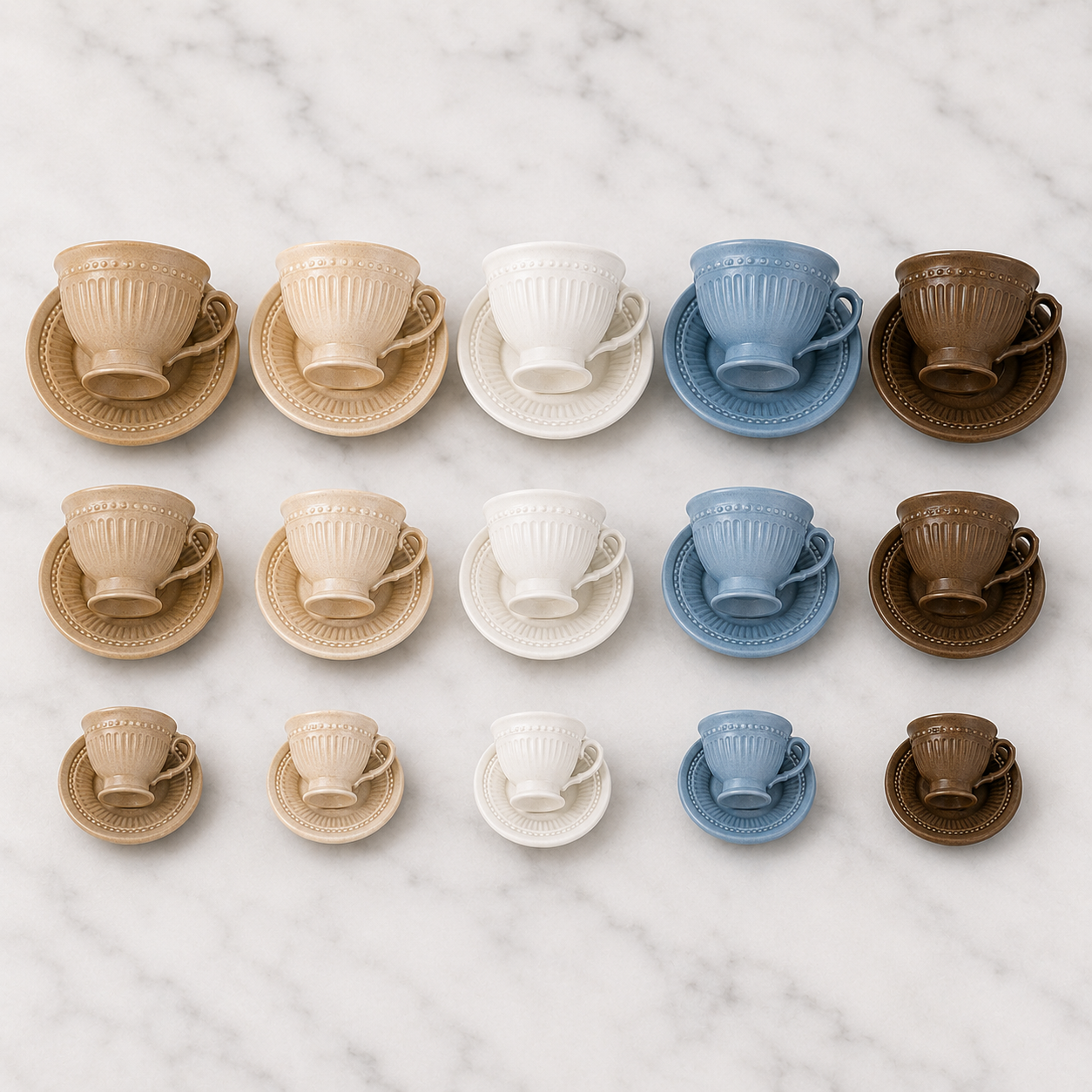 FDMINI Mini Teacup & Saucer Sets – 5 Colors × 3 Sizes Fluted French Miniature Coffee Cups for 1:6 Dollhouse, BJD & Blythe Scenes