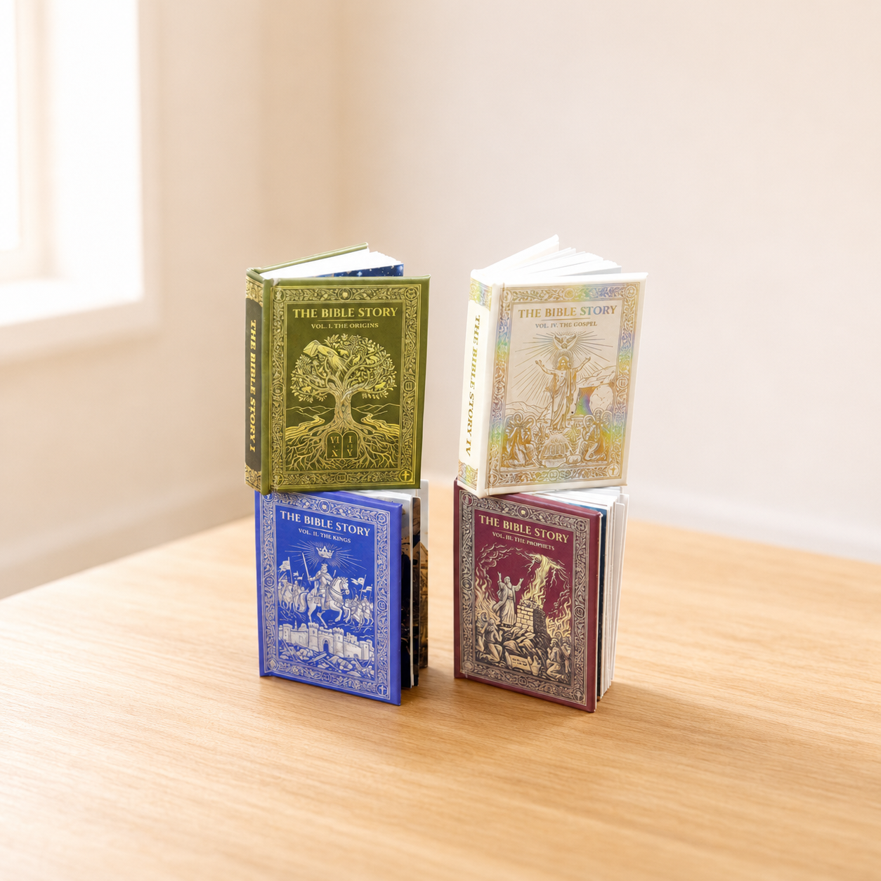 Miniature Bible Story Books - Set of 4 Hand-Finished 1:6 Scale Dollhouse Books with Gold-Embossed Covers & Real Full-Color Illustrated Pages, Readable Tiny Books for Blythe & Barbie Dioramas, Collectible Miniatures