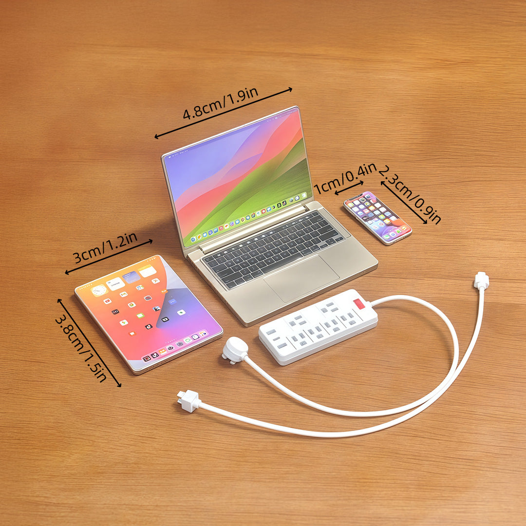 1:6 Scale Miniature Modern Tech Set - Dollhouse Laptop, Tablet, Smartphone & Power Strip - Realistic Office Accessories (Titanium  Edition)