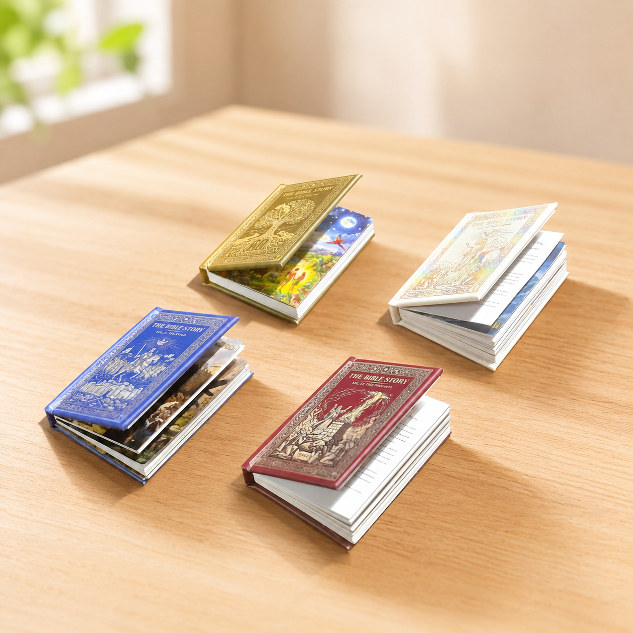 Miniature Bible Story Books - Set of 4 Hand-Finished 1:6 Scale Dollhouse Books with Gold-Embossed Covers & Real Full-Color Illustrated Pages, Readable Tiny Books for Blythe & Barbie Dioramas, Collectible Miniatures