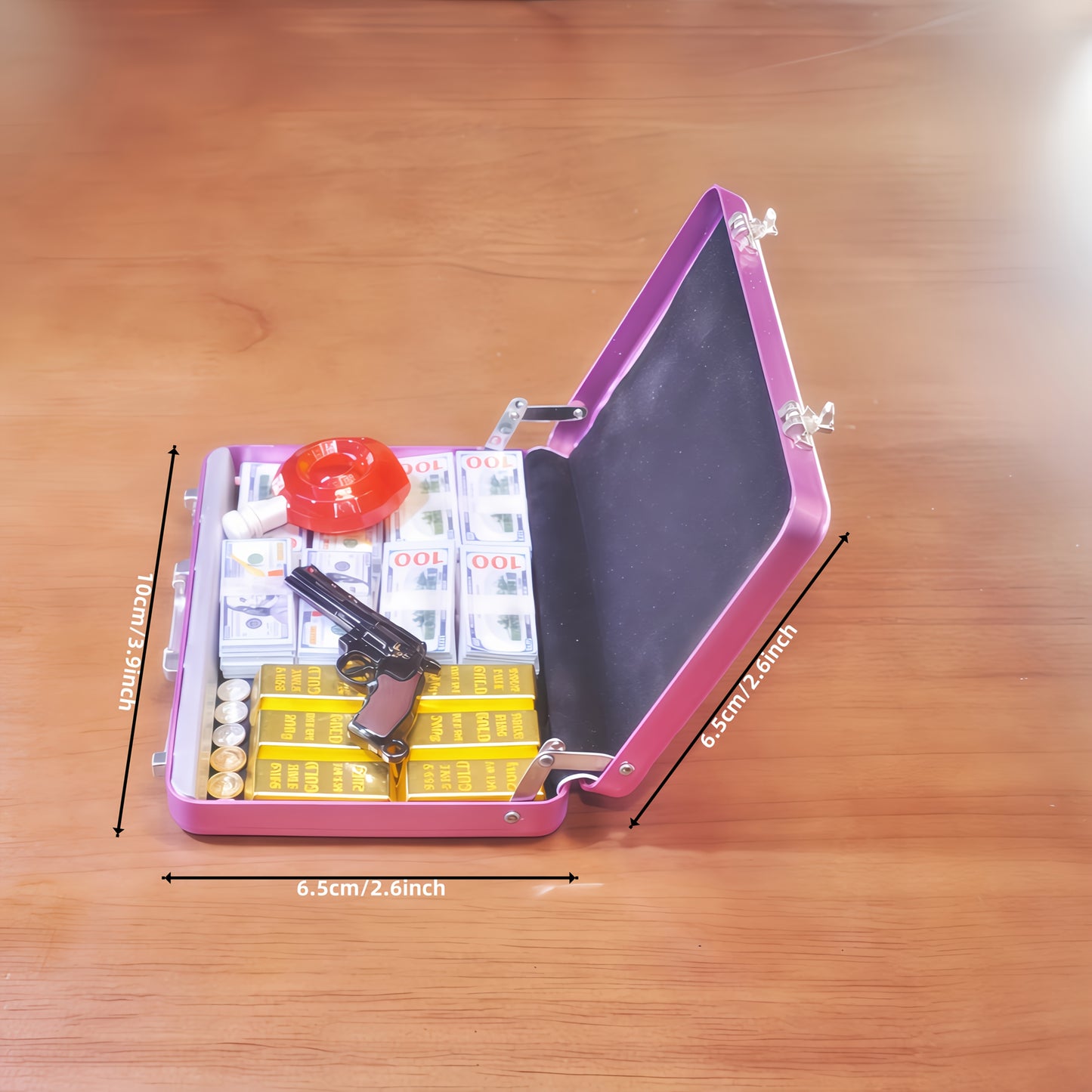 1:6 Scale Miniature Pink Briefcase Set - Includes Mini GoldenBars, Mini XO, Vintage Coins, Mini Dollar Bills and Mini Revolver  - Unique Adult Novelty Toys, Creative Gift and Dollhouse Accessories